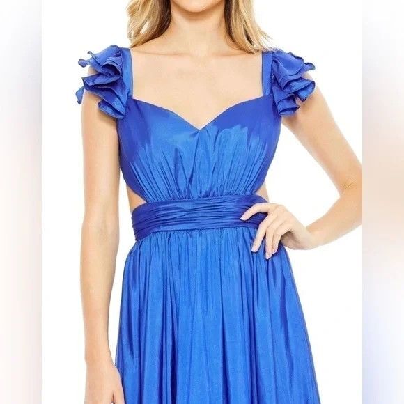 NWT Mac Duggal 68062 Satin Tie-Back Cut-Out Tiered Maxi Dress Blue Size 8 - Picture 2 of 4